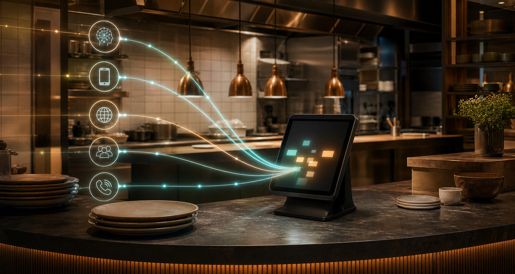 Abstract ordering channels converging on an unbranded restaurant point-of-sale station